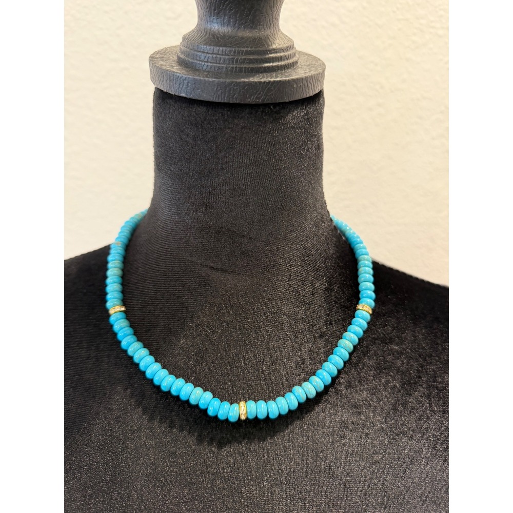 Blue Turquoise Color Rondelle Beaded Necklace Gold Tone Pave Crystal Accents